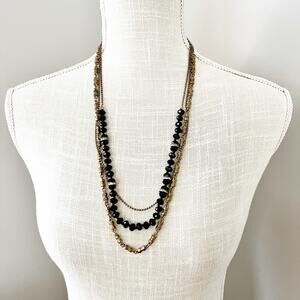 J. Crew 3-Strand Gold, Rhinestone & Black Beaded Necklace
